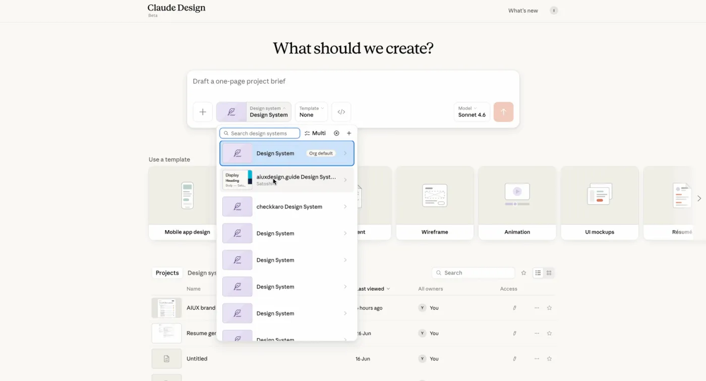 The Design system selector open on the Claude Design home screen. A searchable list shows the org-default 'Design System' (badged 'Org default'), the 'aiuxdesign.guide Design System', and several others, with a 'Multi' toggle for applying more than one at once.