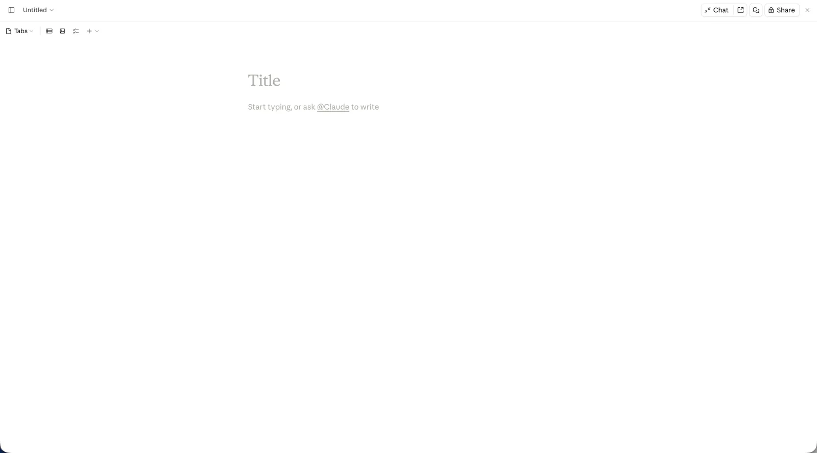 An empty Claude doc: a serif Title placeholder and one line of body text reading start typing, or ask @Claude to write, above a toolbar with tabs, table, image and checklist controls.