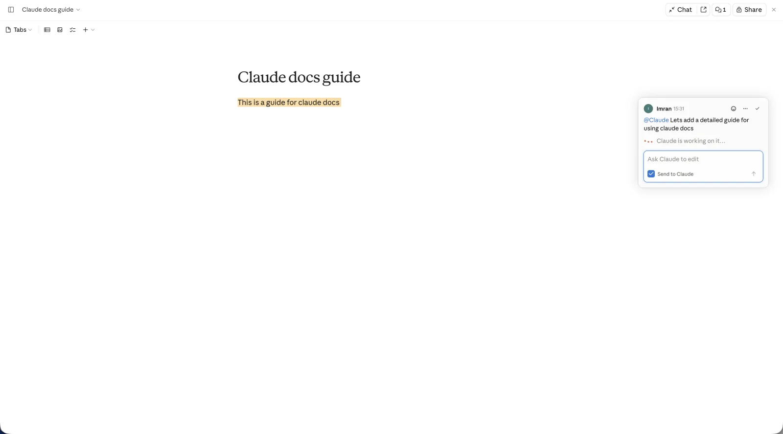 The same doc after submitting: the source sentence highlighted amber, and a comment card on the right showing the request, the status Claude is working on it, and a reply box with a ticked Send to Claude checkbox.