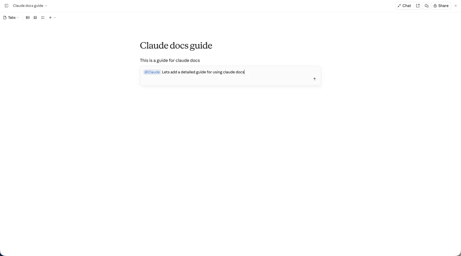 A Claude doc with the cursor in a paragraph and an inline composer open beneath it, prefixed @Claude, ready for an instruction.