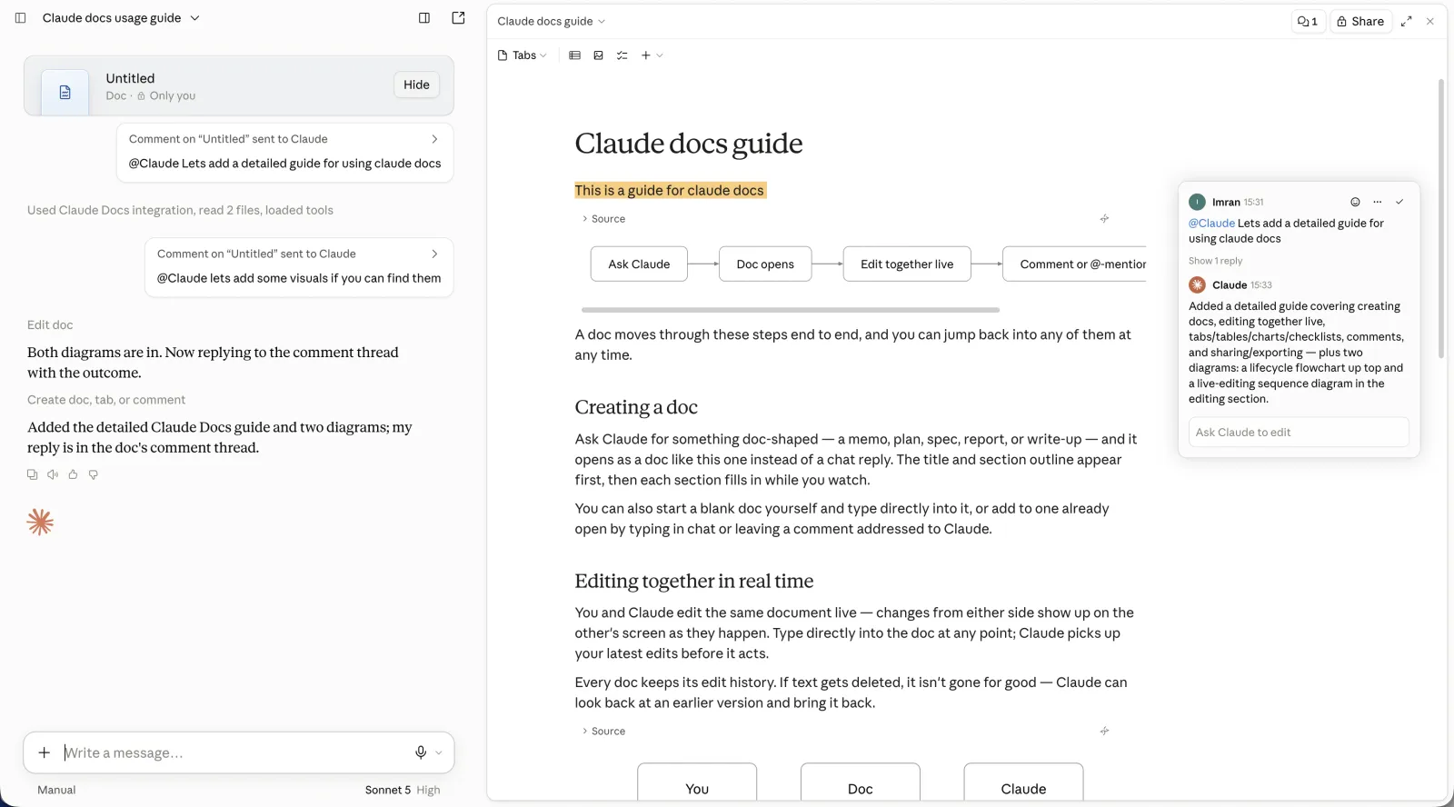 Two-panel view: on the left the session narrating each step in plain language, on the right the live document with a resolved comment thread showing Claude's reply.