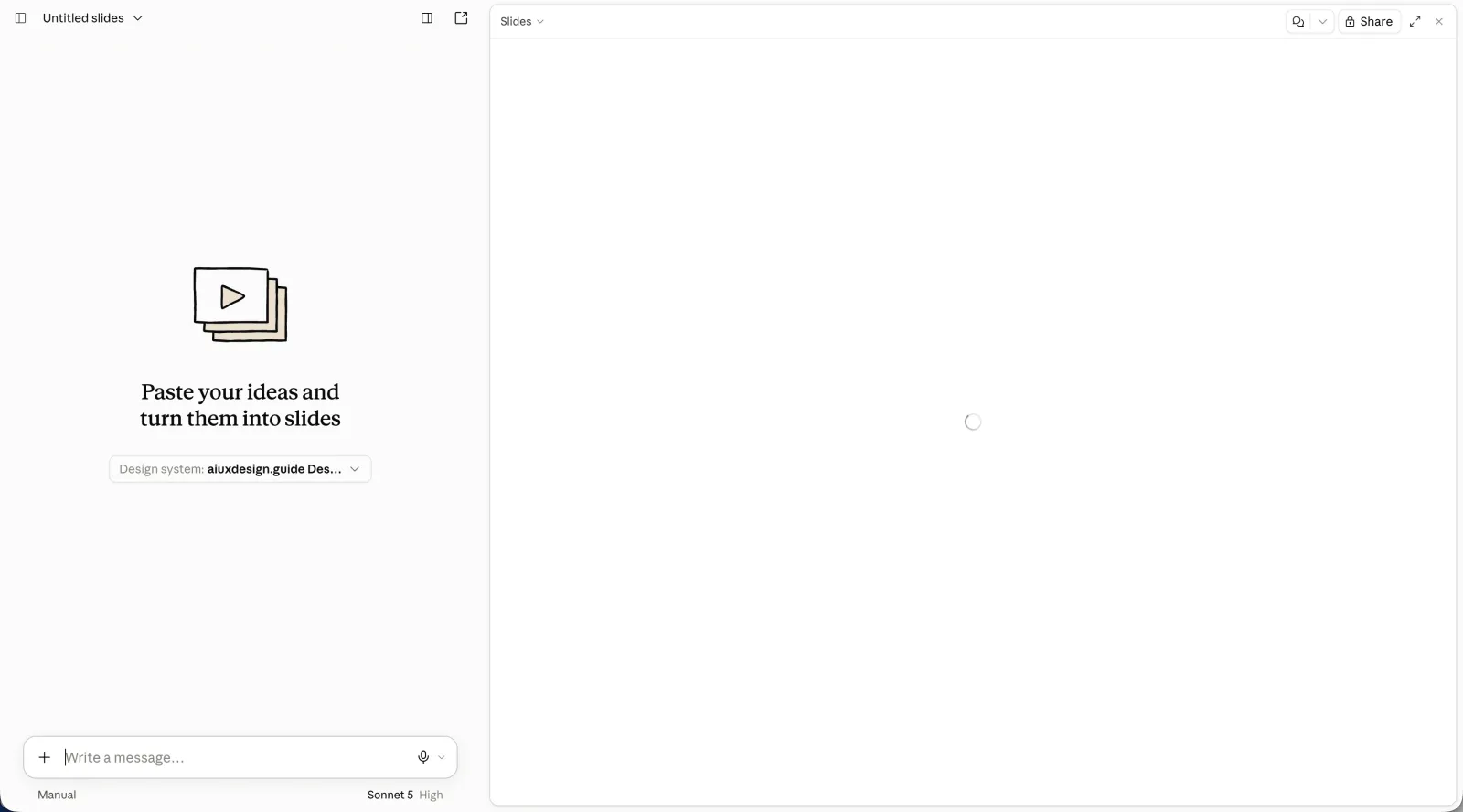 The Claude Slides empty state after migrating, where the control now reads Design system: aiuxdesign.guide Design System instead of an empty Choose design system dropdown.