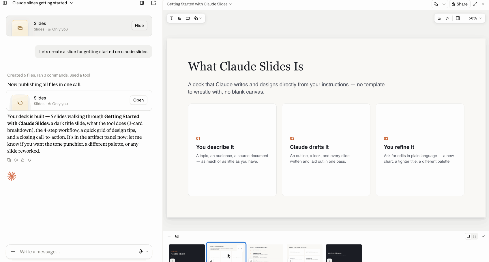A finished five-slide deck with no design system applied: a dark title slide, serif headings, and a row of three numbered cards with an orange accent.