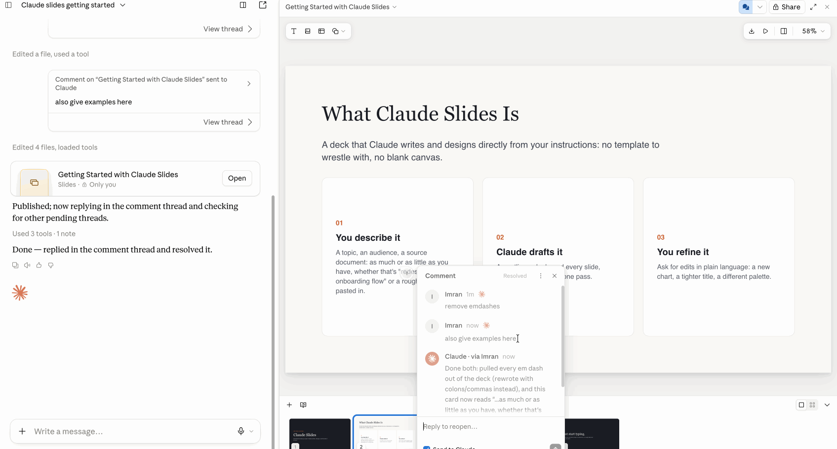 A comment thread open on a single slide card, its header naming the slide and the caption being discussed, with Claude's reply describing the change it made across the deck.