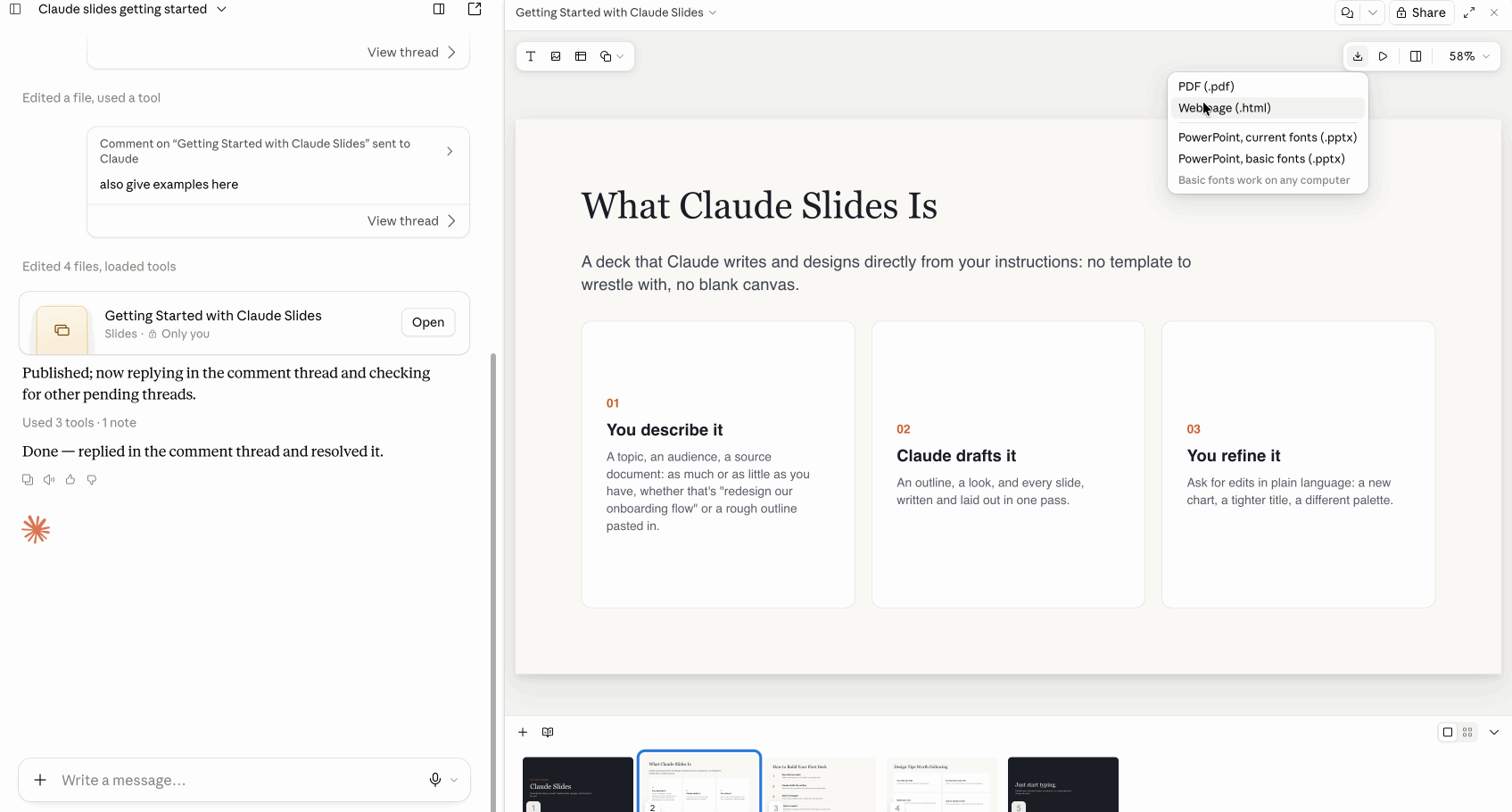 The Slides export menu open, listing PDF, Webpage as HTML, PowerPoint with current fonts, and PowerPoint with basic fonts, annotated that basic fonts work on any computer.