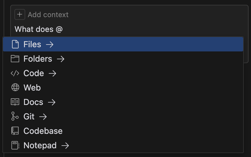 Cursor Chat showing @-mentions context menu with available files and symbols for reference
