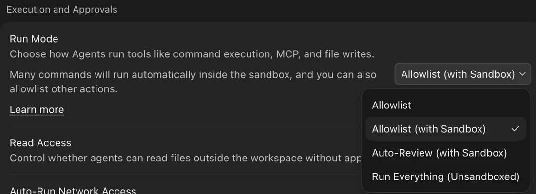 Cursor Settings, Agents, Execution and Approvals: the Run Mode menu open with Allowlist, Allowlist (with Sandbox) selected, Auto-Review (with Sandbox) and Run Everything (Unsandboxed)