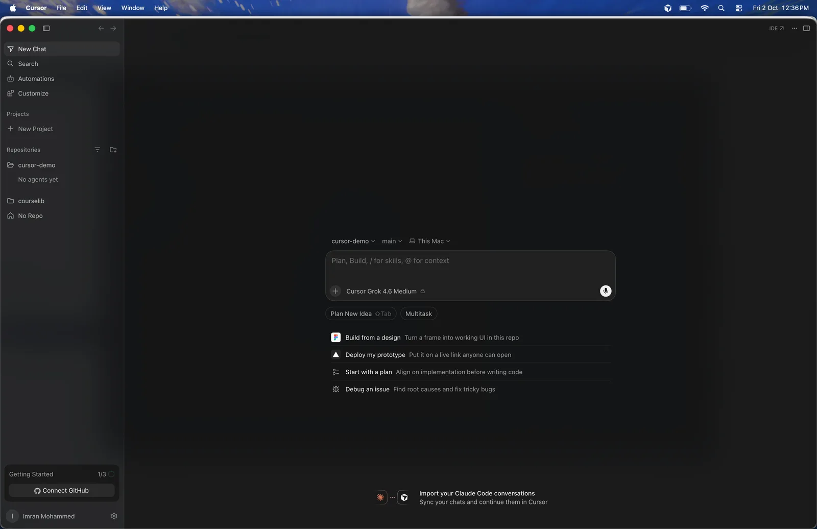 The Cursor Agents Window: a sidebar with New Chat, Search, Automations, Customize, Projects and Repositories on the left, and a prompt box in the middle with the project, branch and This Mac selected above it