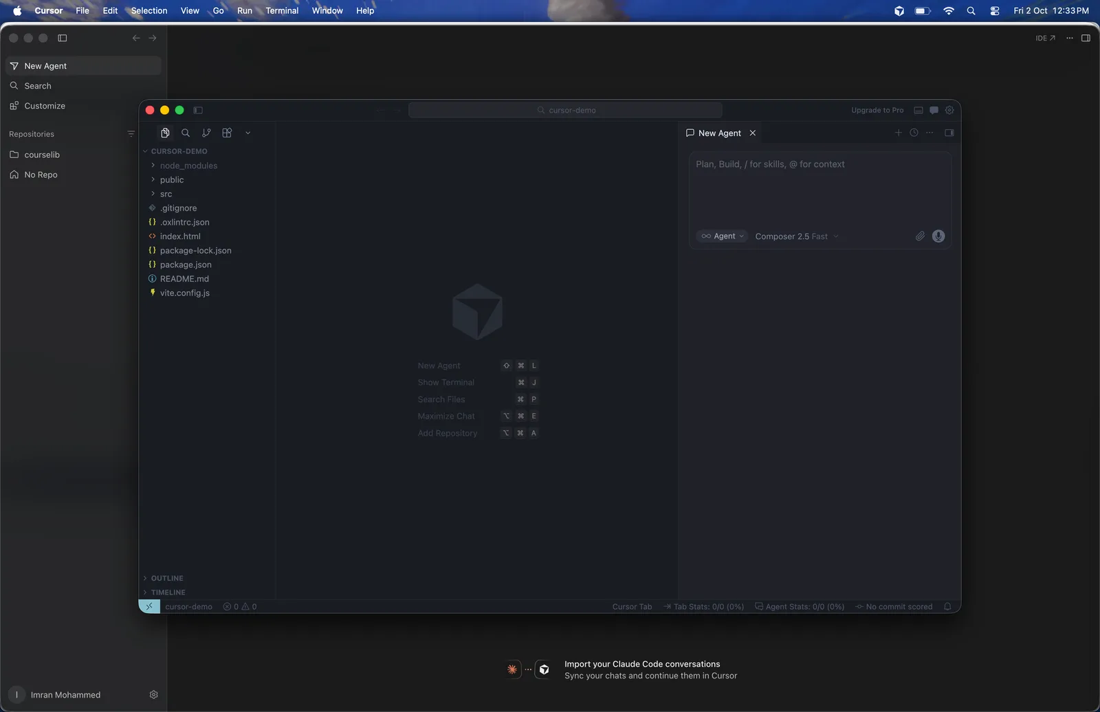 The Cursor editor: a file tree on the left, an empty code area in the middle listing shortcuts, and the agent panel on the right with the Agent mode menu and the model name