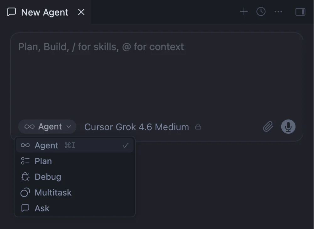 The mode menu open under the prompt box in the Cursor agent panel, listing Agent (Cmd+I), Plan, Debug, Multitask and Ask