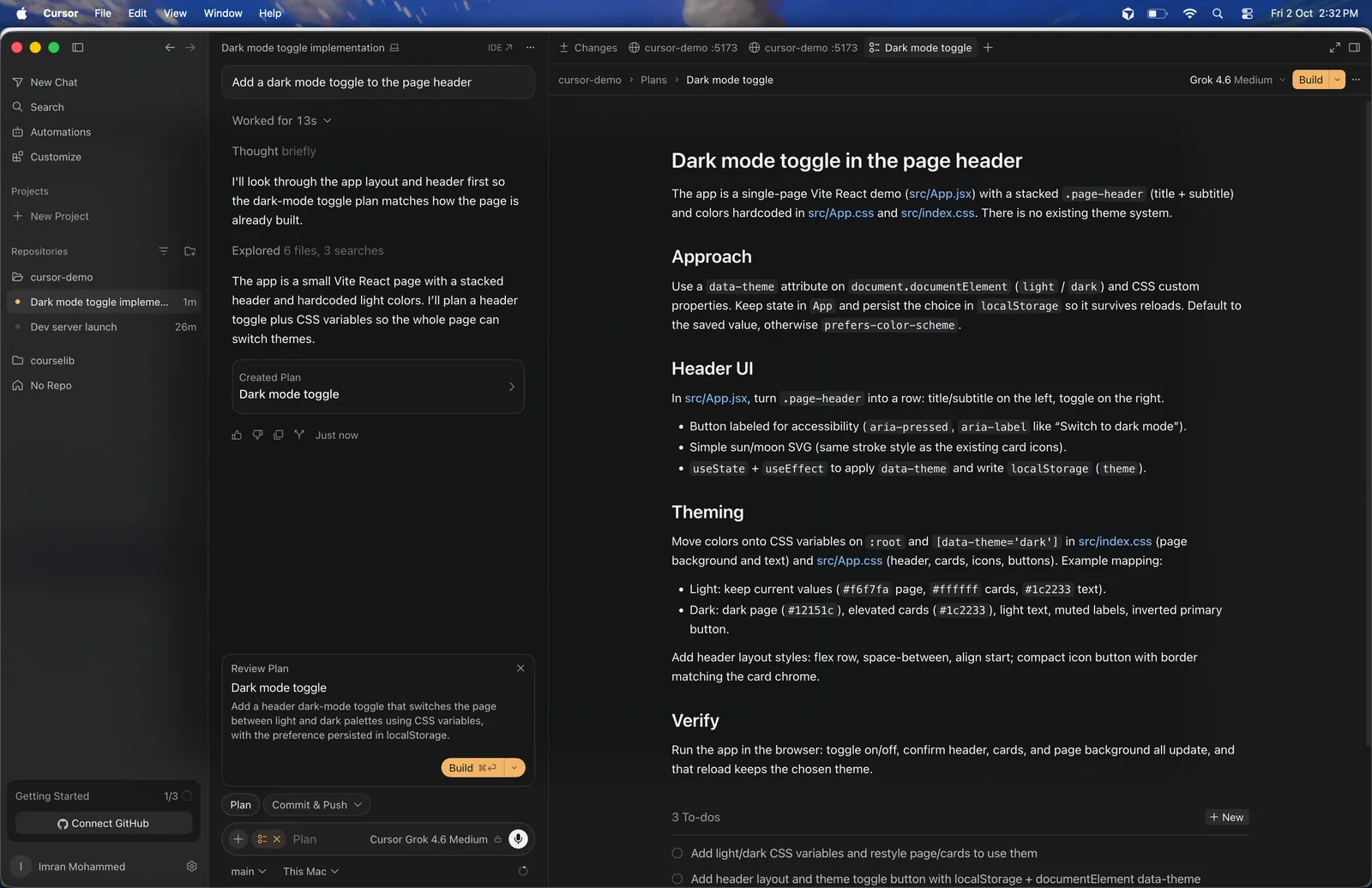 Cursor after Plan mode: the chat on the left shows a Created Plan card and a Review Plan card with a Build button; the plan for a dark mode toggle is open in its own tab on the right with Approach, Header UI, Theming, Verify and a to-do list