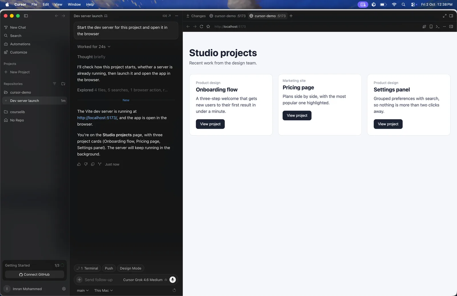 The Cursor Agents Window with a prototype running in the built-in browser pane next to the agent chat