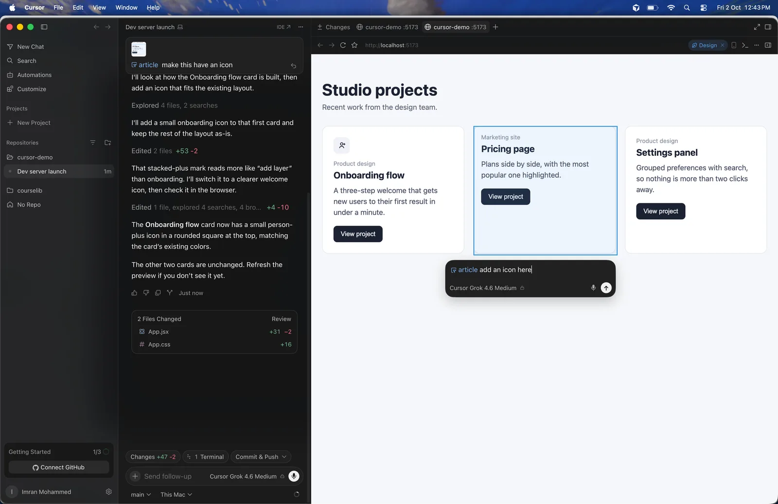 Design Mode on in Cursor: the Pricing page card is outlined in blue, with a request box under it, and the chat on the left shows an earlier edit and the files it changed