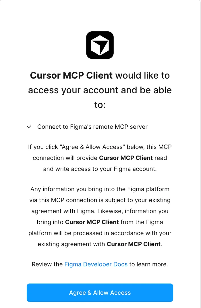 Figma browser page: Cursor MCP Client would like to access your account, with an Agree & Allow Access button