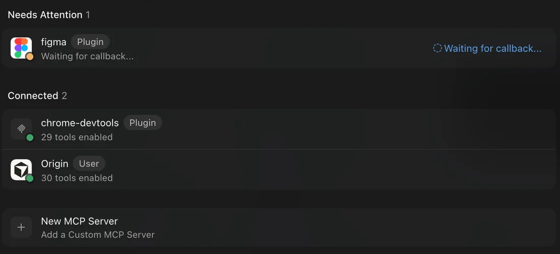 Cursor Customize, MCPs tab: figma listed under Needs Attention, waiting for authentication