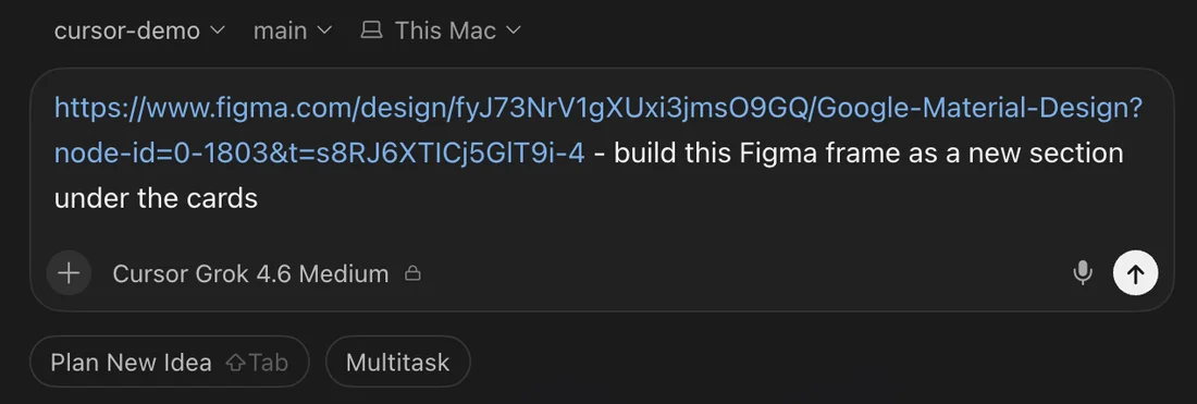 The Cursor prompt box with a Figma frame link pasted, followed by "build this Figma frame as a new section under the cards"
