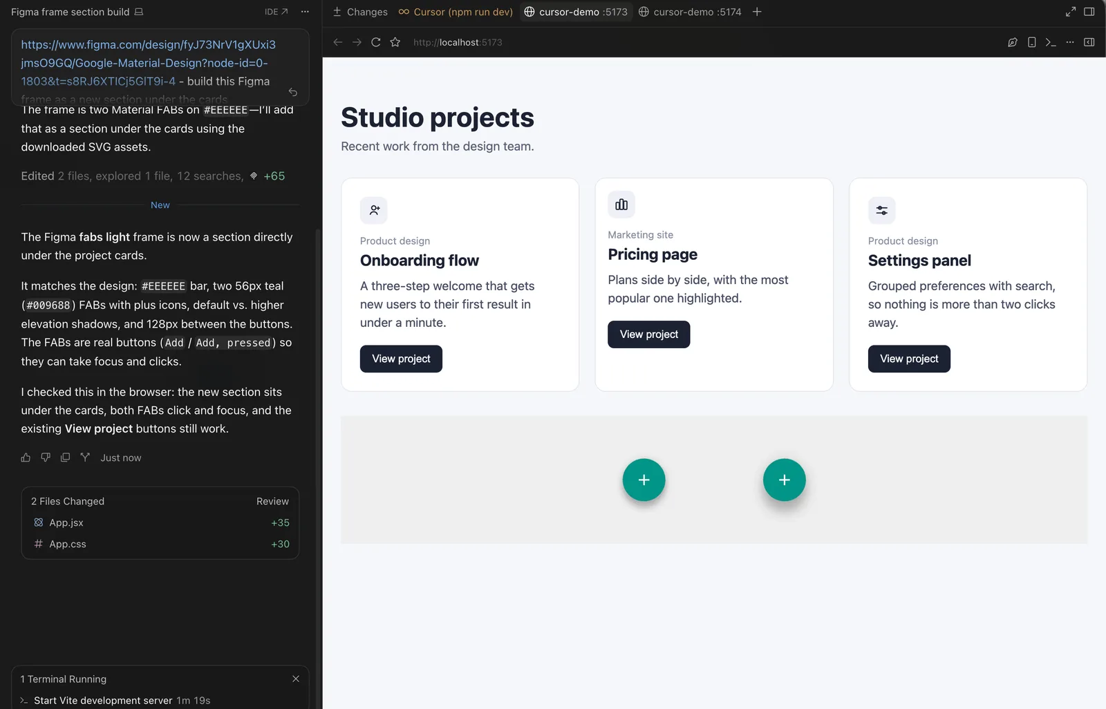 Result: the agent's summary on the left lists the exact colours and sizes it matched; on the right, the page shows the new section of two teal action buttons under the project cards