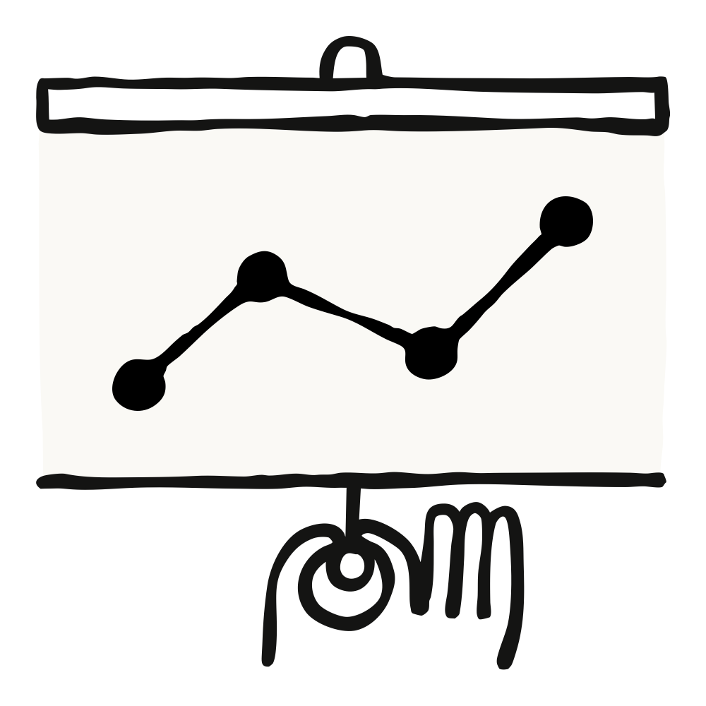 Line drawing of a pull-down presentation screen showing a line chart.