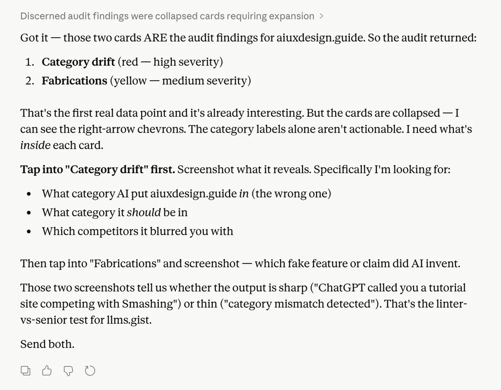A Claude chat reply explaining two collapsed audit findings, with copy, thumbs up, thumbs down and retry buttons below it.
